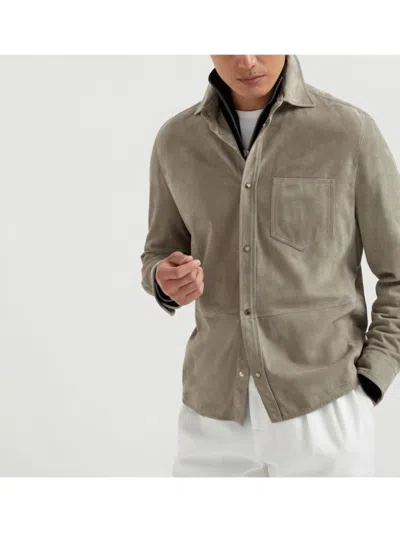 Brunello Cucinelli Khaki Coat With Classic Collar In Gray