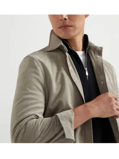 Brunello Cucinelli Khaki Coat With Classic Collar In Gray
