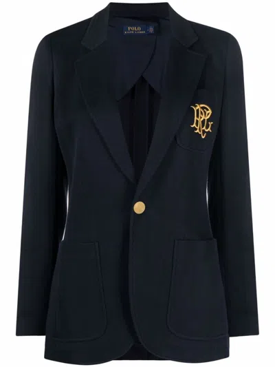 Polo Ralph Lauren Embroidered-monogram Double-knit Blazer In Blue