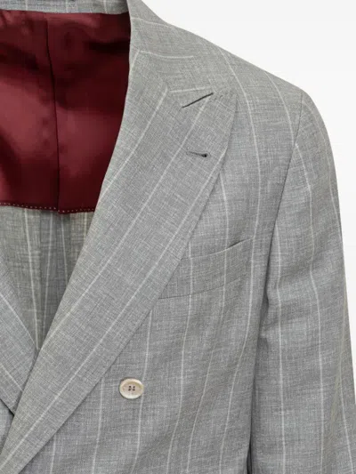 Brunello Cucinelli Double-breasted Grey Blazer With Pinstripe Pattern In Gray
