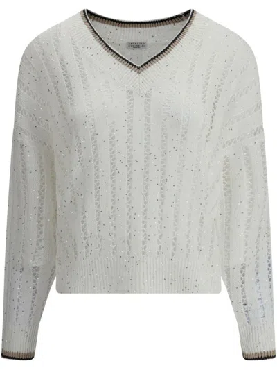 Brunello Cucinelli Open-knit Sweater With Vertical Stripes In White