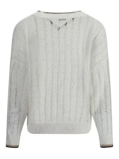 Brunello Cucinelli Open-knit Sweater With Vertical Stripes In White