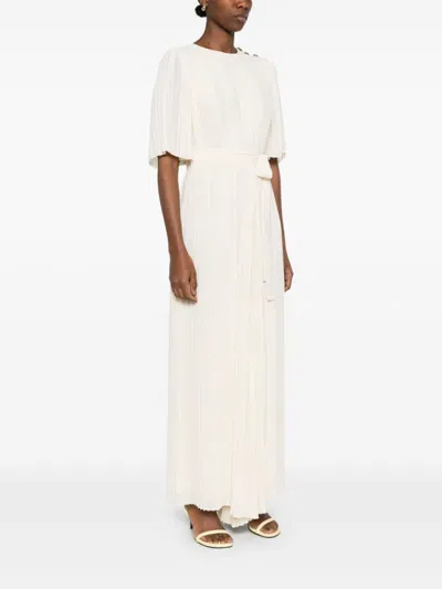 Twinset Twin-set Fully Pleated Light Beige Maxi Dress In White