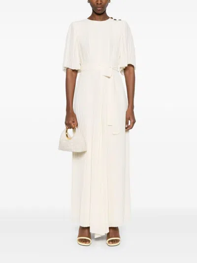 Twinset Twin-set Fully Pleated Light Beige Maxi Dress In White