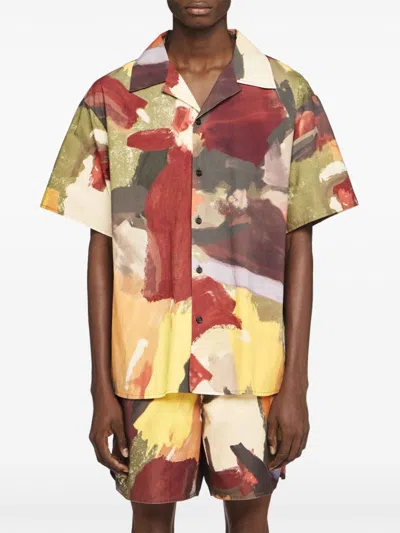 Jw Anderson J. W. Anderson Wide V-neck Short Sleeve Shirt With Abstract Print In Multi