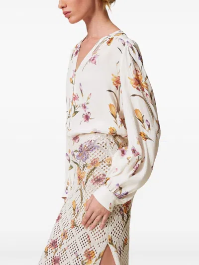 Twinset Twin-set V-neck White Shirt With Floral Print In White