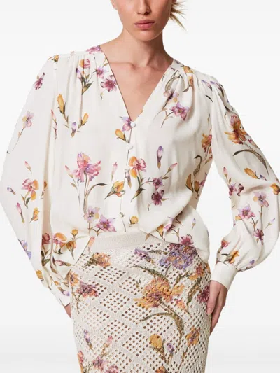 Twinset Twin-set V-neck White Shirt With Floral Print In White