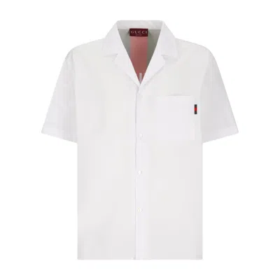 Gucci White Bowling Shirt With Web Detail On The Front And Maxi Web Print With Logo Lettering On The In White