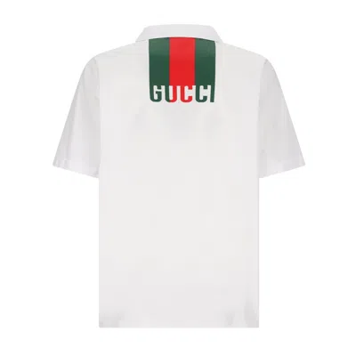 Gucci White Bowling Shirt With Web Detail On The Front And Maxi Web Print With Logo Lettering On The In White