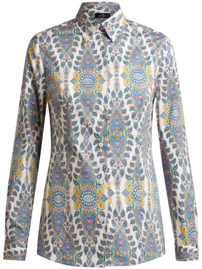 Etro Printed Stretch Poplin Shirt In Blue