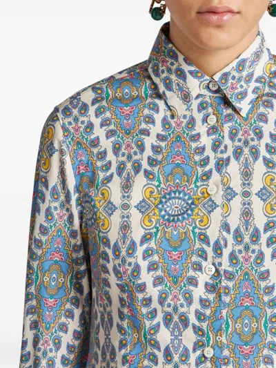 Etro Printed Stretch Poplin Shirt In Blue
