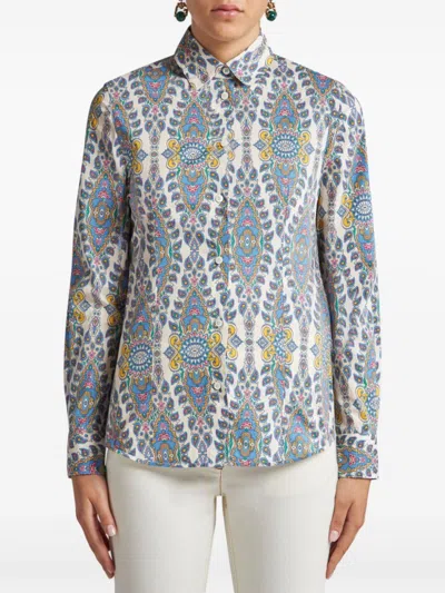 Etro Printed Stretch Poplin Shirt In Blue