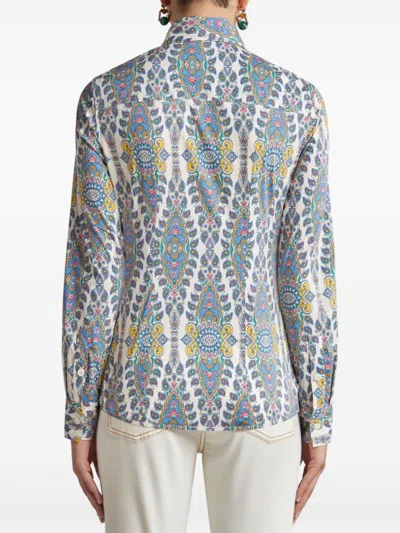 Etro Printed Stretch Poplin Shirt In Blue