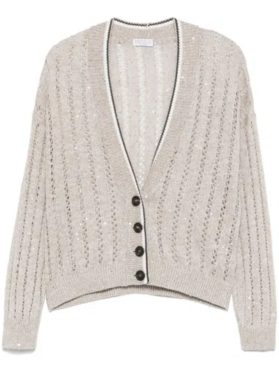 Brunello Cucinelli Plunging V-neck Sweater With Sequin Embellishments In Neutral