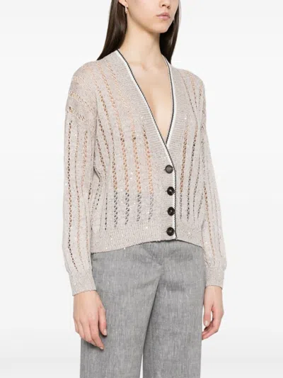 Brunello Cucinelli Plunging V-neck Sweater With Sequin Embellishments In Neutral