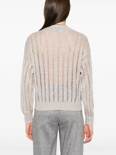 Brunello Cucinelli Plunging V-neck Sweater With Sequin Embellishments In Neutral