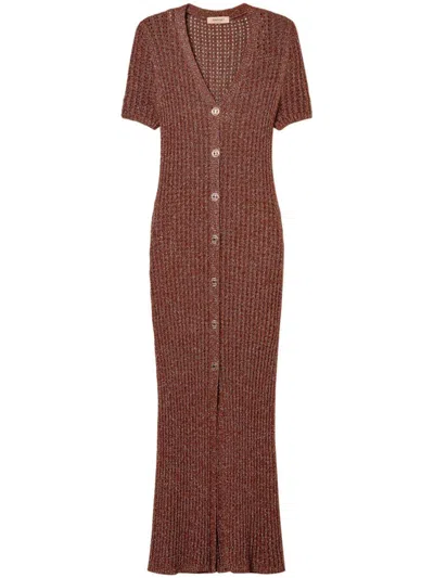Twinset Twin-set Textured Brown Maxi Dress With V-neck In Brown