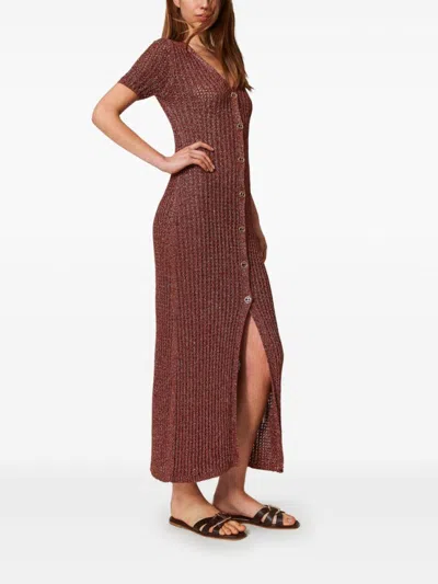 Twinset Twin-set Textured Brown Maxi Dress With V-neck In Brown
