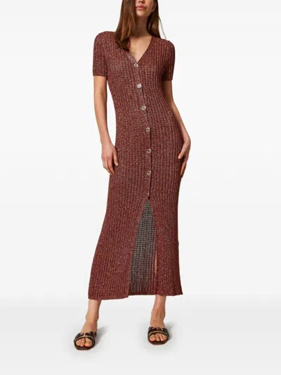 Twinset Twin-set Textured Brown Maxi Dress With V-neck In Brown