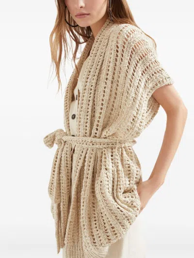 Brunello Cucinelli Dazzling Silk And Linen-blend Wrap Cardigan In Neutral