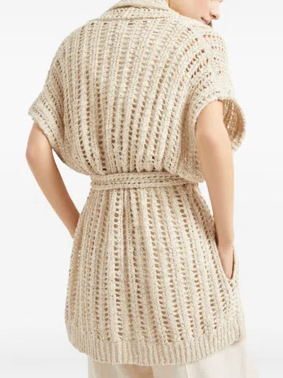 Brunello Cucinelli Dazzling Silk And Linen-blend Wrap Cardigan In Neutral