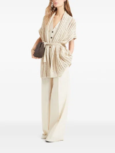 Brunello Cucinelli Dazzling Silk And Linen-blend Wrap Cardigan In Neutral