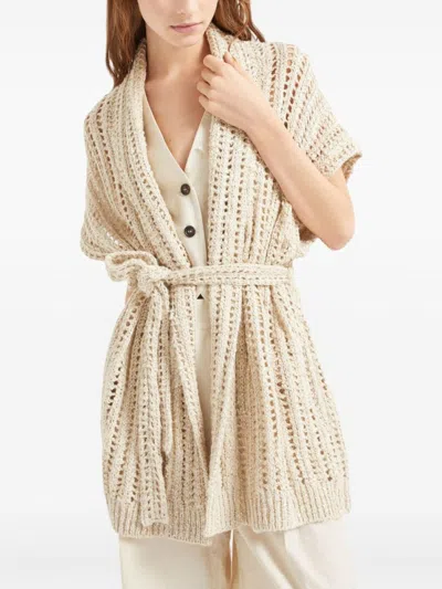 Brunello Cucinelli Dazzling Silk And Linen-blend Wrap Cardigan In Neutral