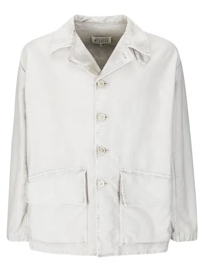 Maison Margiela Oversized Off-white Cotton Denim Jacket With Flap Pockets In Gray