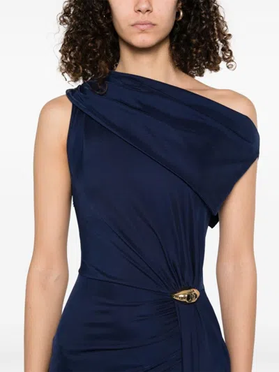 Elisabetta Franchi Draped One-shoulder Dress With Side Slit In Blue