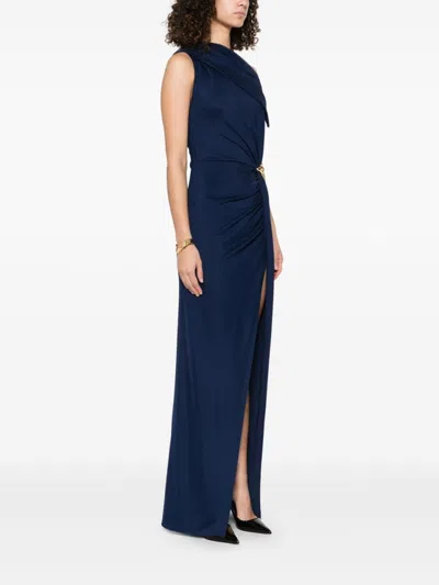 Elisabetta Franchi Draped One-shoulder Dress With Side Slit In Blue
