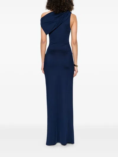 Elisabetta Franchi Draped One-shoulder Dress With Side Slit In Blue