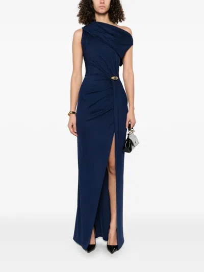 Elisabetta Franchi Draped One-shoulder Dress With Side Slit In Blue