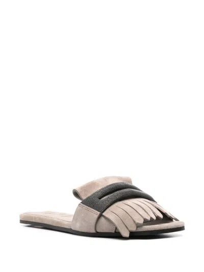 Brunello Cucinelli Fringe Detail Taupe Grey Sandals