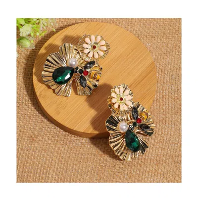 Sohi Floral-stone Drop Earrings In Gold
