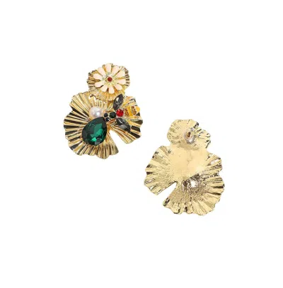 Sohi Floral-stone Drop Earrings In Gold