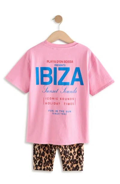 Next Kids' Ibiza Oversize Graphic T-shirt & Leopard Print Bike Shorts Set In Pink