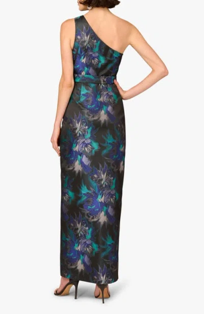 Aidan Mattox Print Belted Jacquard One-shoulder Gown In Blue