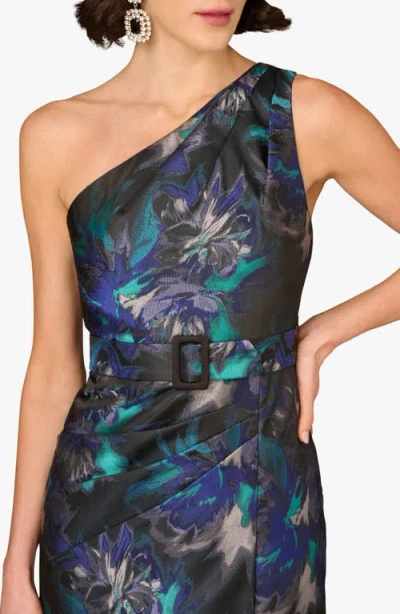 Aidan Mattox Print Belted Jacquard One-shoulder Gown In Blue