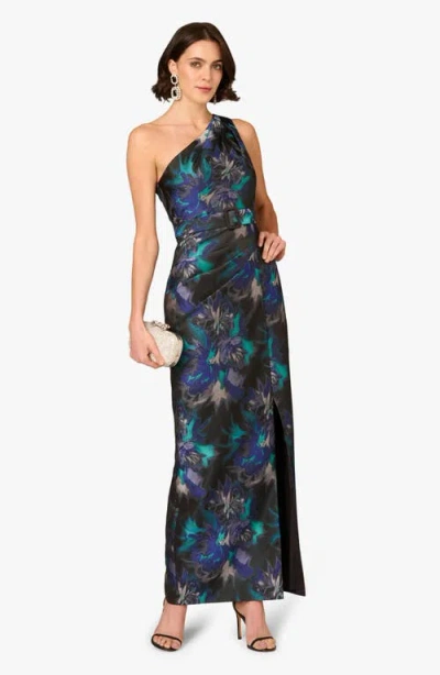 Aidan Mattox Print Belted Jacquard One-shoulder Gown In Blue