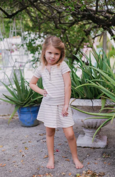 Maniere Manière Kids' Stripe Zip Short Sleeve Top In Neutral