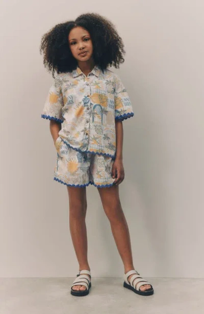 Next Kids' Sunny Vibes Short Sleeve Cotton Button-up Shirt & Pull-on Shorts Set In White