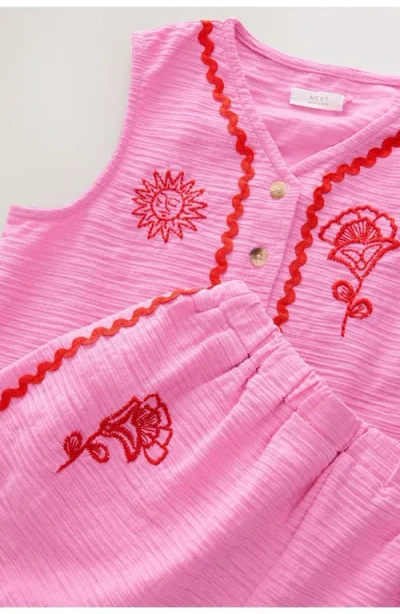 Next Kids' Embroidered Stretch Cotton Vest & Shorts Set In Pink
