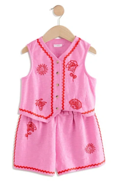 Next Kids' Embroidered Stretch Cotton Vest & Shorts Set In Pink