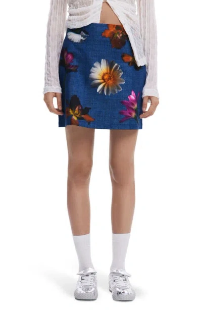 Desigual Floral Print Denim Miniskirt In Blue