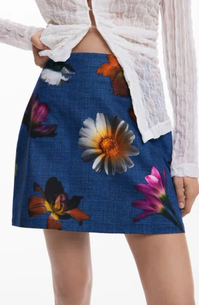 Desigual Floral Print Denim Miniskirt In Blue