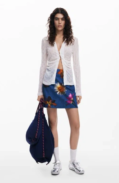Desigual Floral Print Denim Miniskirt In Blue