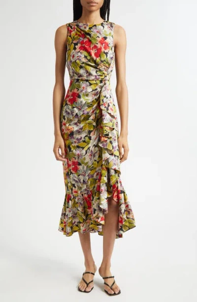 Cinq À Sept Canyon Bloom Elvira Ruffle Sleeveless Silk Midi Dress In Multi
