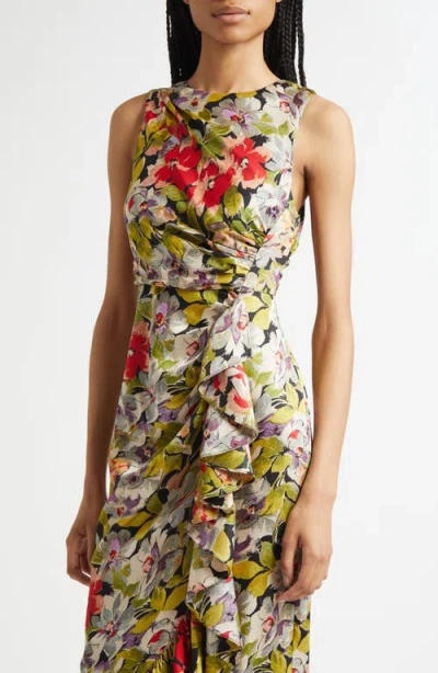 Cinq À Sept Canyon Bloom Elvira Ruffle Sleeveless Silk Midi Dress In Multi