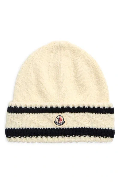 Moncler Logo Stripe Cuff Virgin Wool Blend Beanie In Neutral