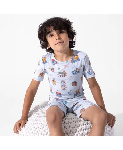 Bellabu Bear Vintage Suitcases Kids 2-piece Short Sleeve & Shorts Pajama Set In Blue